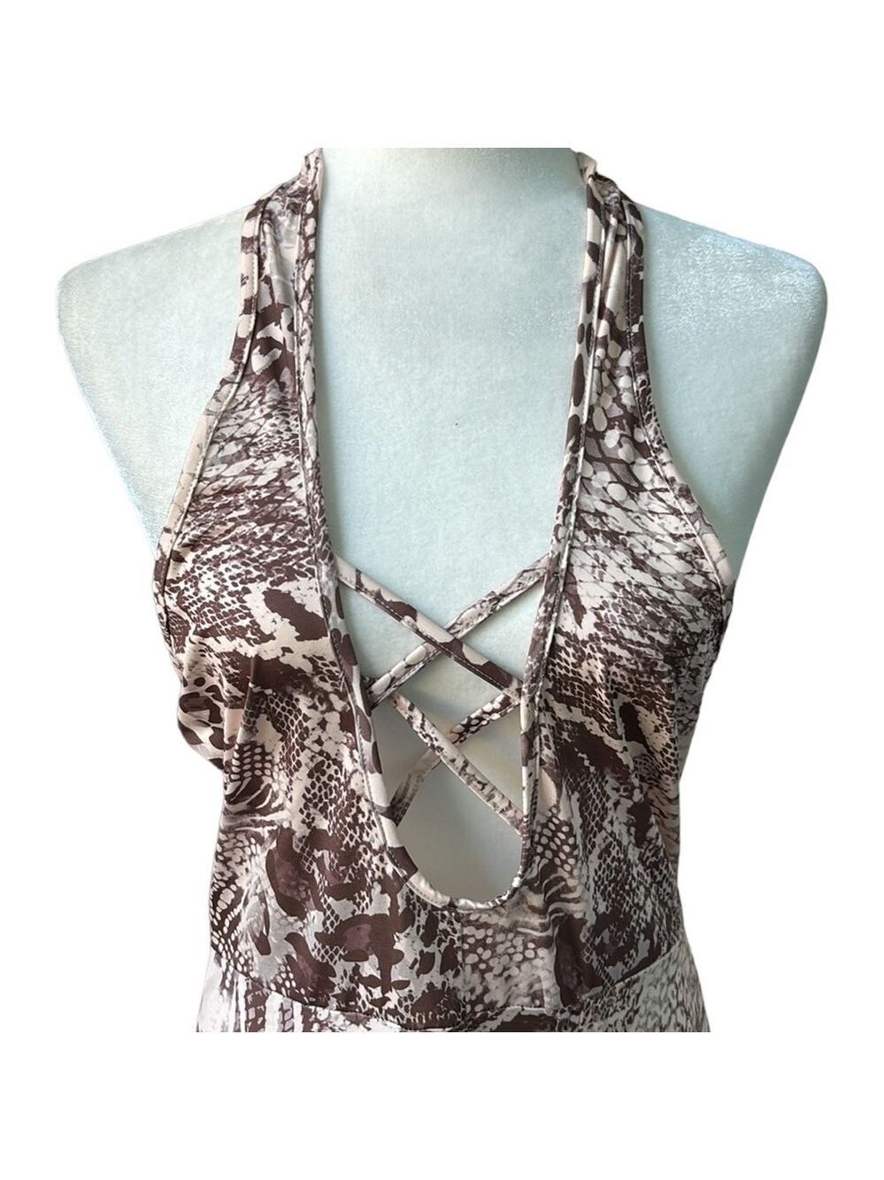 Shein Brown Animal Print Halter Dress Slit Thigh Size Large